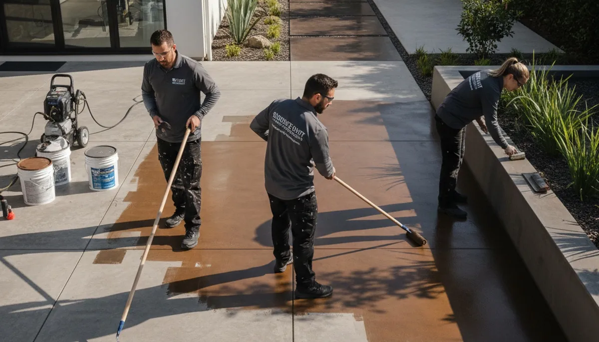 Professional concrete staining on residential patio in San Antonio TX by expert house painters