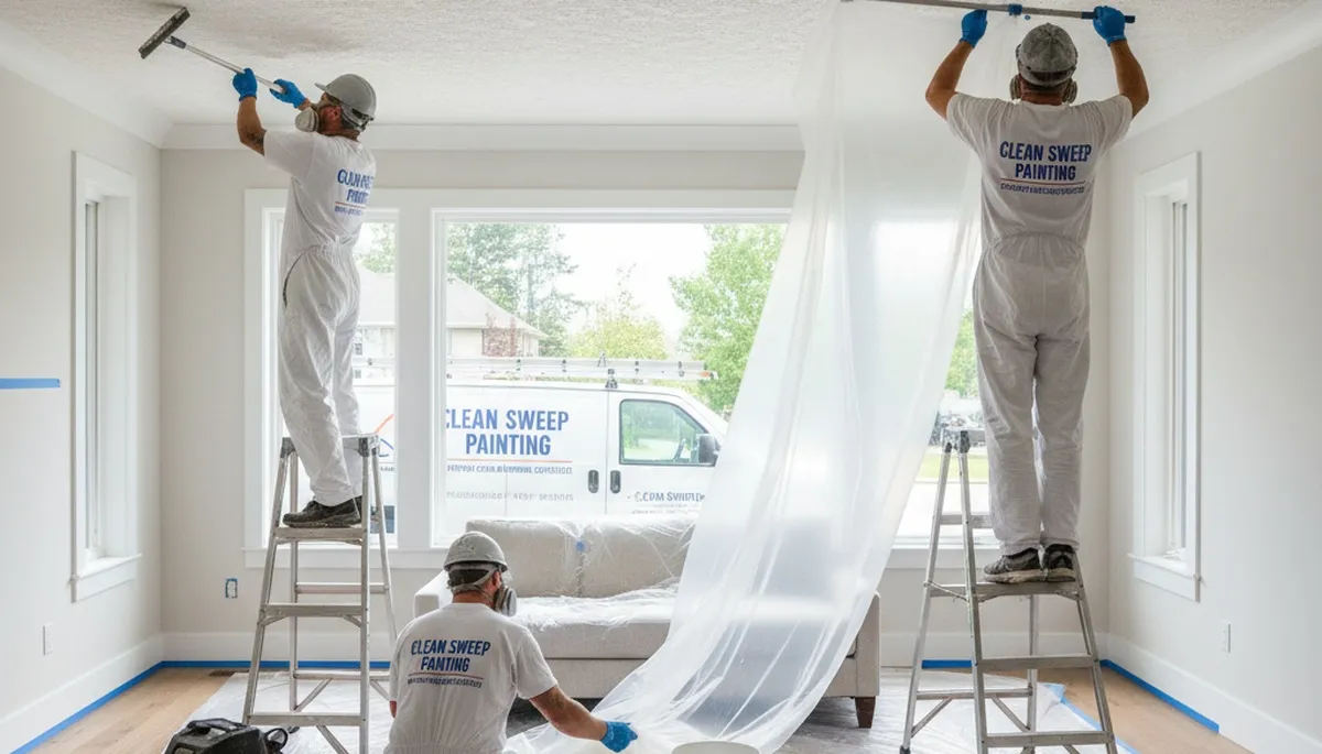 Painter removing popcorn ceiling in San Antonio TX home for smooth modern finish