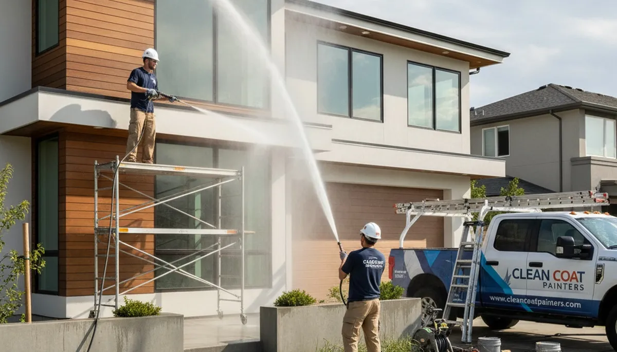 Professional pressure cleaning of home exterior in San Antonio, TX by expert house painters